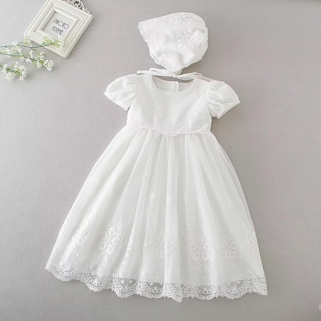 Leideur Baby Mädchen Taufe Kleid Lange Segenskleider Weiss Formale Brautkleider für Neugeborene 12-1