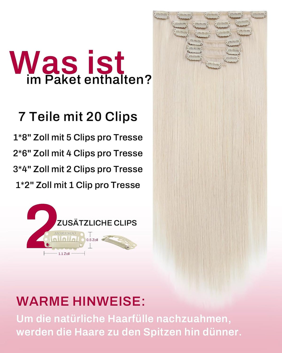 Moresoo Clip in Extensions Echthaar Blond Echthaar Extensions Clip Weissblond Remy Haarverlängerung