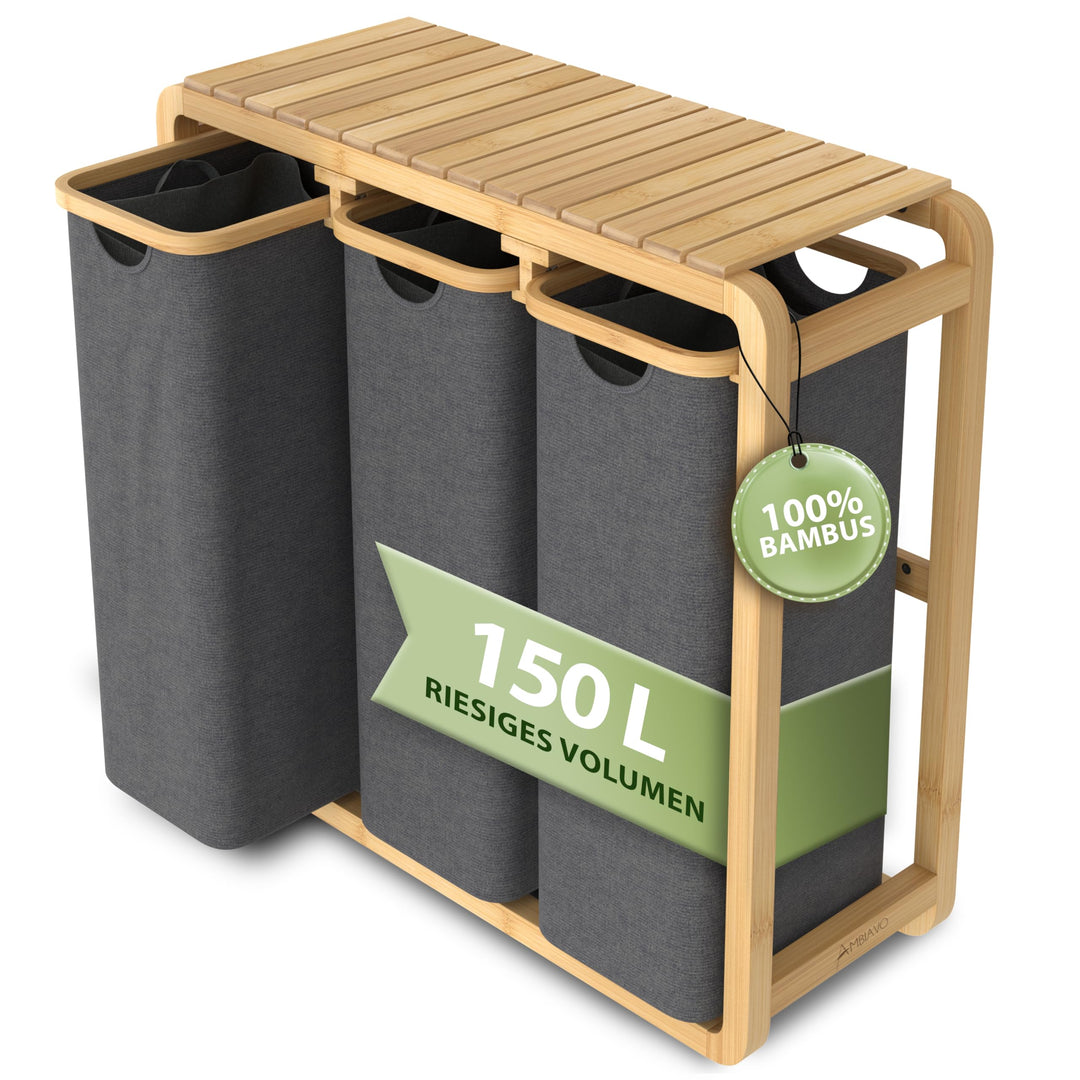 Wäschekorb 3 Fächer grau · Wäschesammler mit Ablage · Bambus | Warme Holz-Optik, schmal, riesiges Vo