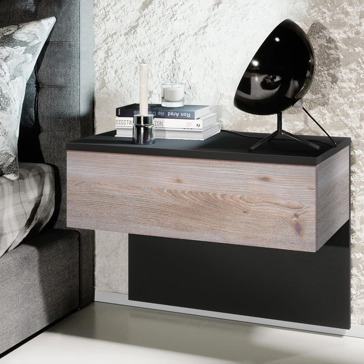 Vladon Nachttisch Sleep, Nachttischschrank mit Schublade zur Wandmontage, Schwarz matt/Eiche Nordic