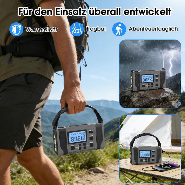Notfall-Solar Radio, 10000mAh Notfall Kurbelradio, AM/FM Radio, Taschenlampe+ Leselicht, SOS-Alarm,