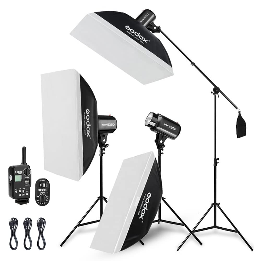 Godox 750W Studio Stroboskop Blitzlicht Kit, Stroboskop Beleuchtungsset für Fotografie, 3x250W 5600K