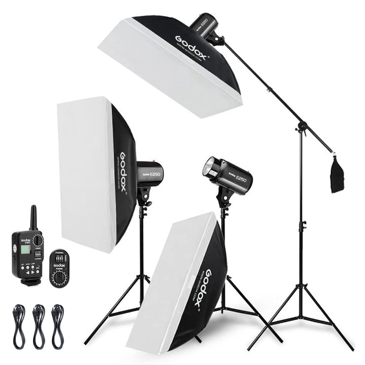 Godox 750W Studio Stroboskop Blitzlicht Kit, Stroboskop Beleuchtungsset für Fotografie, 3x250W 5600K