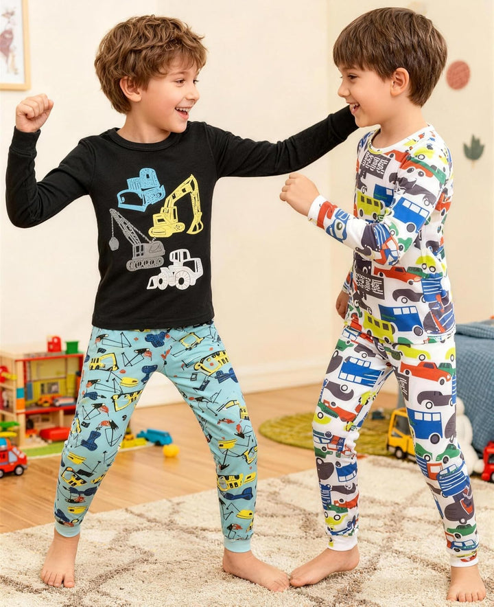 Jungen Pyjama Langarm 4-teilig Kleine Kinder Nachtwäsche Schlafanzug Set 2-14 Jahre 4p-digger Autos
