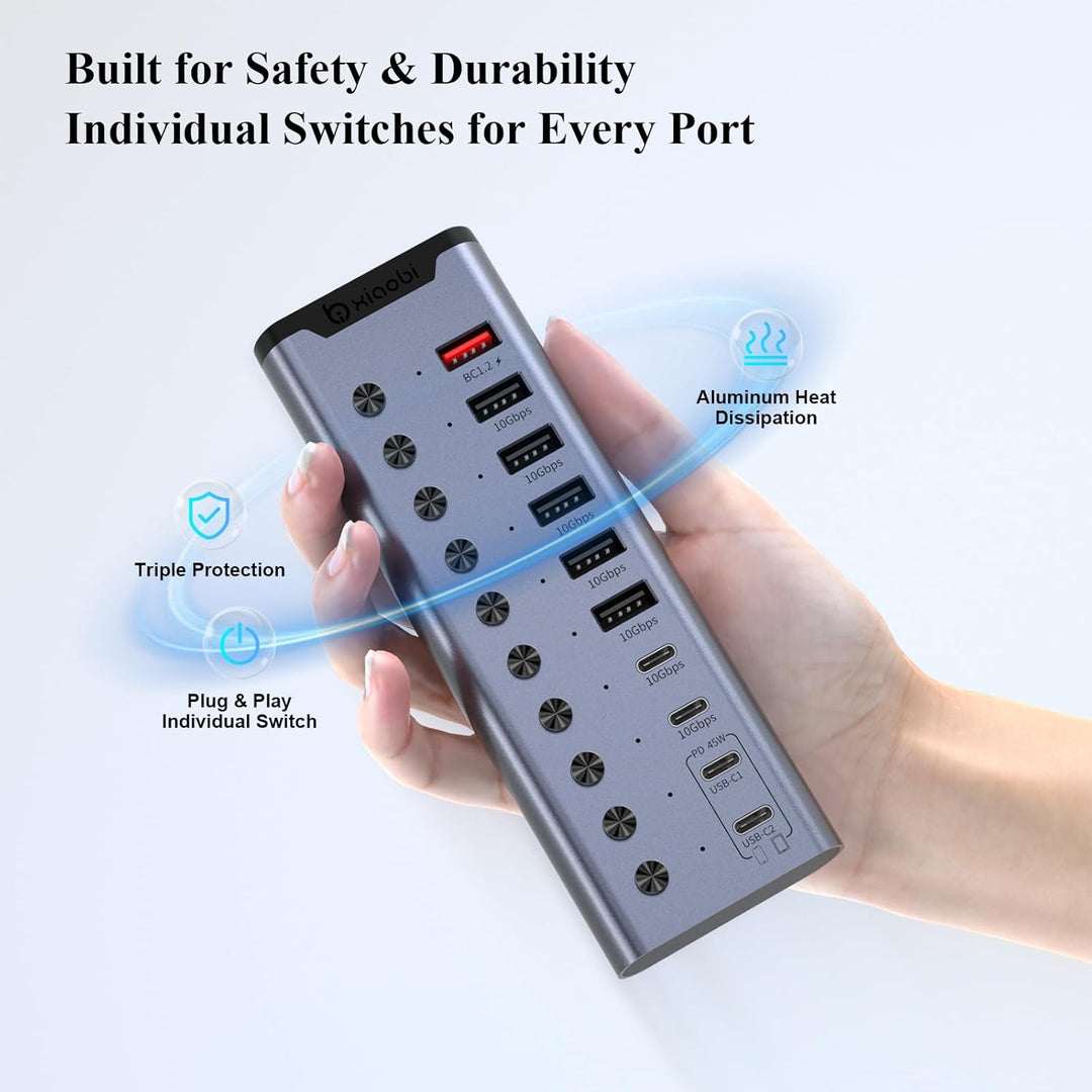 Aktiver USB-Hub, 10-Port USB-C-Hub mit 5 USB-A 3.2, 2 USB-C 3.2 und BC1.2 sowie 2 PD 45W Ladeanschlü