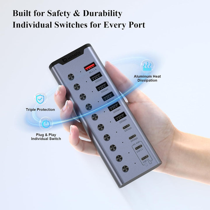 Aktiver USB-Hub, 10-Port USB-C-Hub mit 5 USB-A 3.2, 2 USB-C 3.2 und BC1.2 sowie 2 PD 45W Ladeanschlü