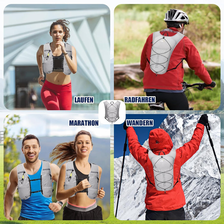 Laufweste Damen mit 500ml Trinkflasche/2L Trinkblase, Leichter Trinkrucksack Laufen Herren 6L, Runin