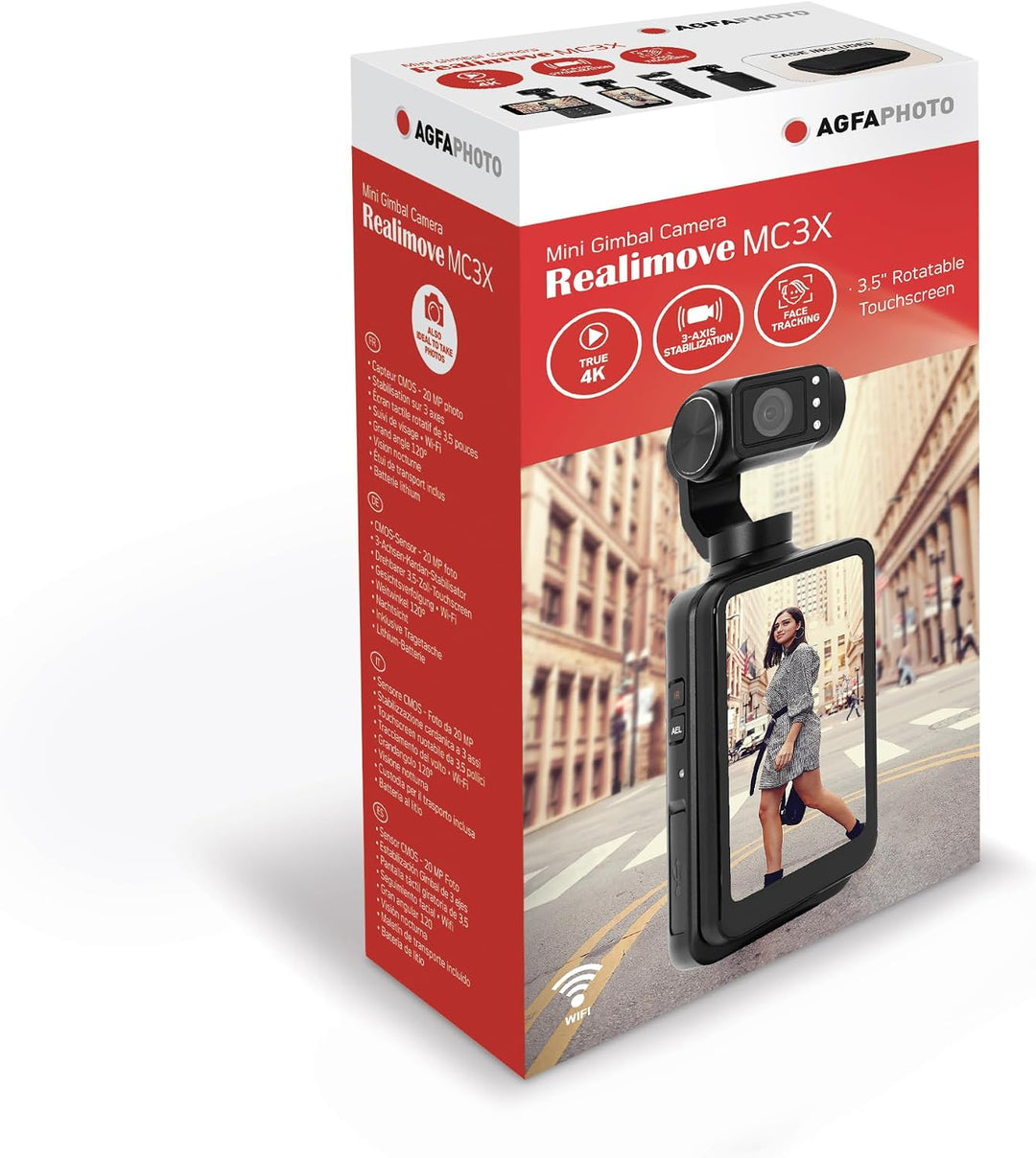 AGFA Photo Gimbal Realimove MC3X - Caméra Stabilisateur 3 Axes 4K Ultra HD, Écran Tactile Rotatif 3,