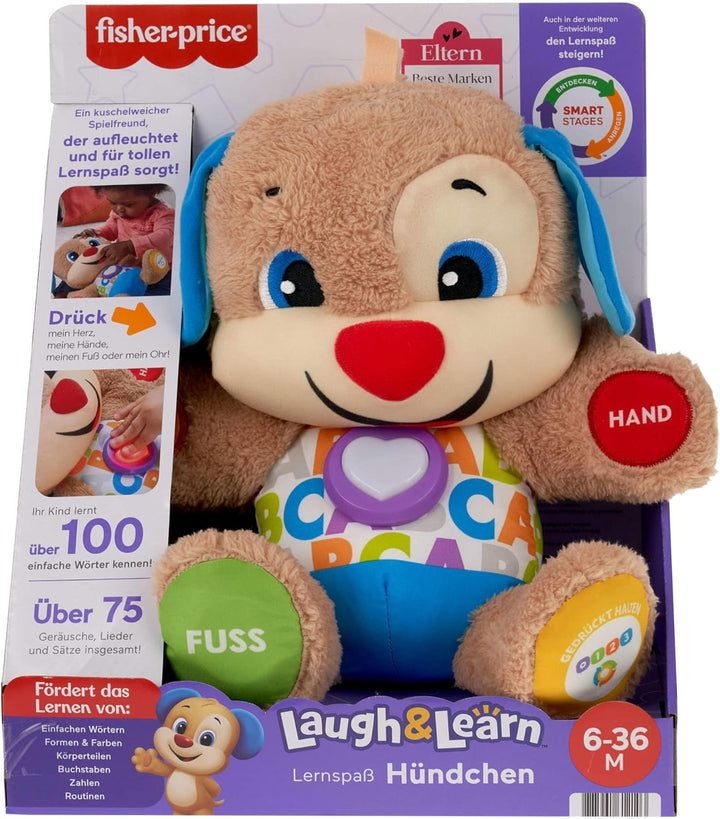 Fisher-Price Lernspass-Hündchen mit drei Stufen, sprechendes Kuscheltier mit Musik als Kinderspielze