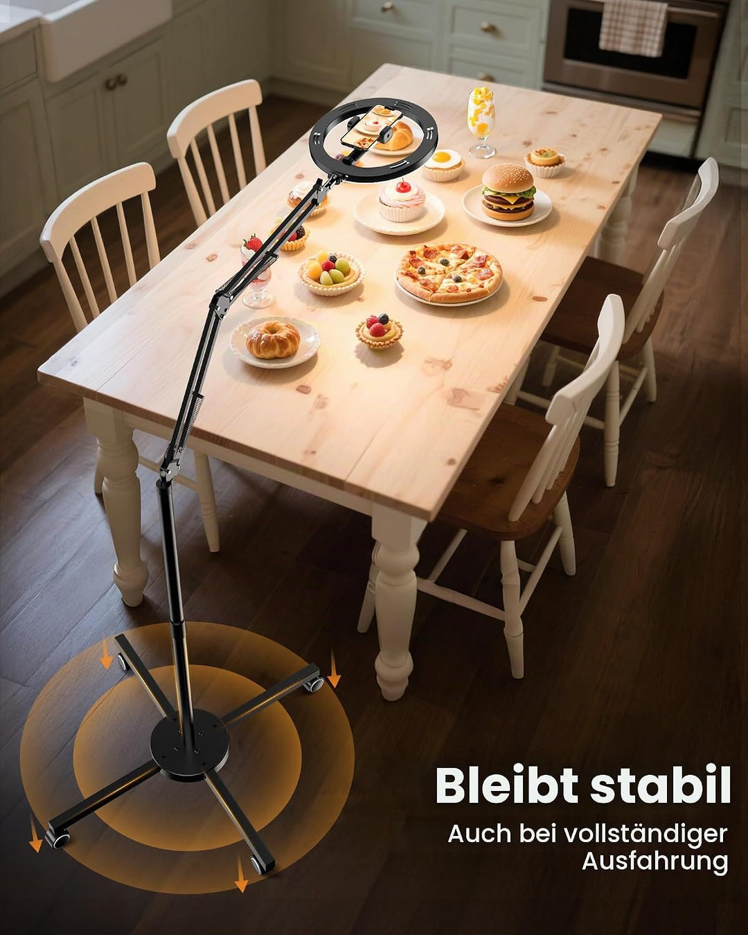 Overhead Stativ Handy mit Ringlicht für Küche – Stabile Ring Light mit 4 Rollen Bremse – Ringlicht m