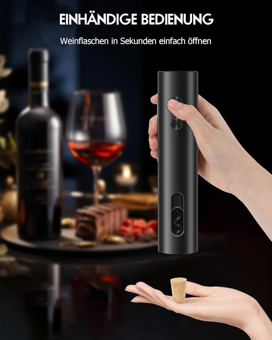 Elektrischer Weinöffner Rechargeable – Elektrischer Korkenzieher USB-C, Mini Tragbar, Schwarzes Matt