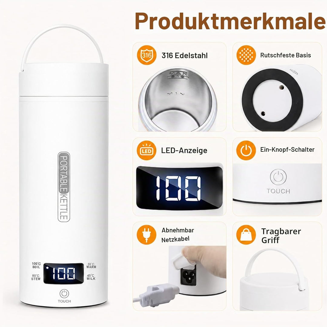 Idota Reisewasserkocher Klein, 400ml Reise wasserkocher mit 4 Temperaturstufen, Mini Reisewasserkoch