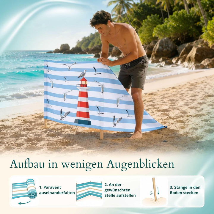 Strandparavent Mikrofaser | Windschutz 80cm | Leuchtturm 4m | Wetterfest | Mit Bindeseilen | Handgef