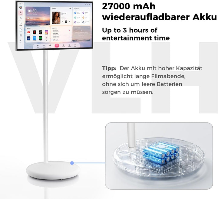 VLH 27 Zoll Portable TV auf Rollen, FHD Mobiler Tragbarer Fernseher, Android 15, EDLA-Zertifiziert,