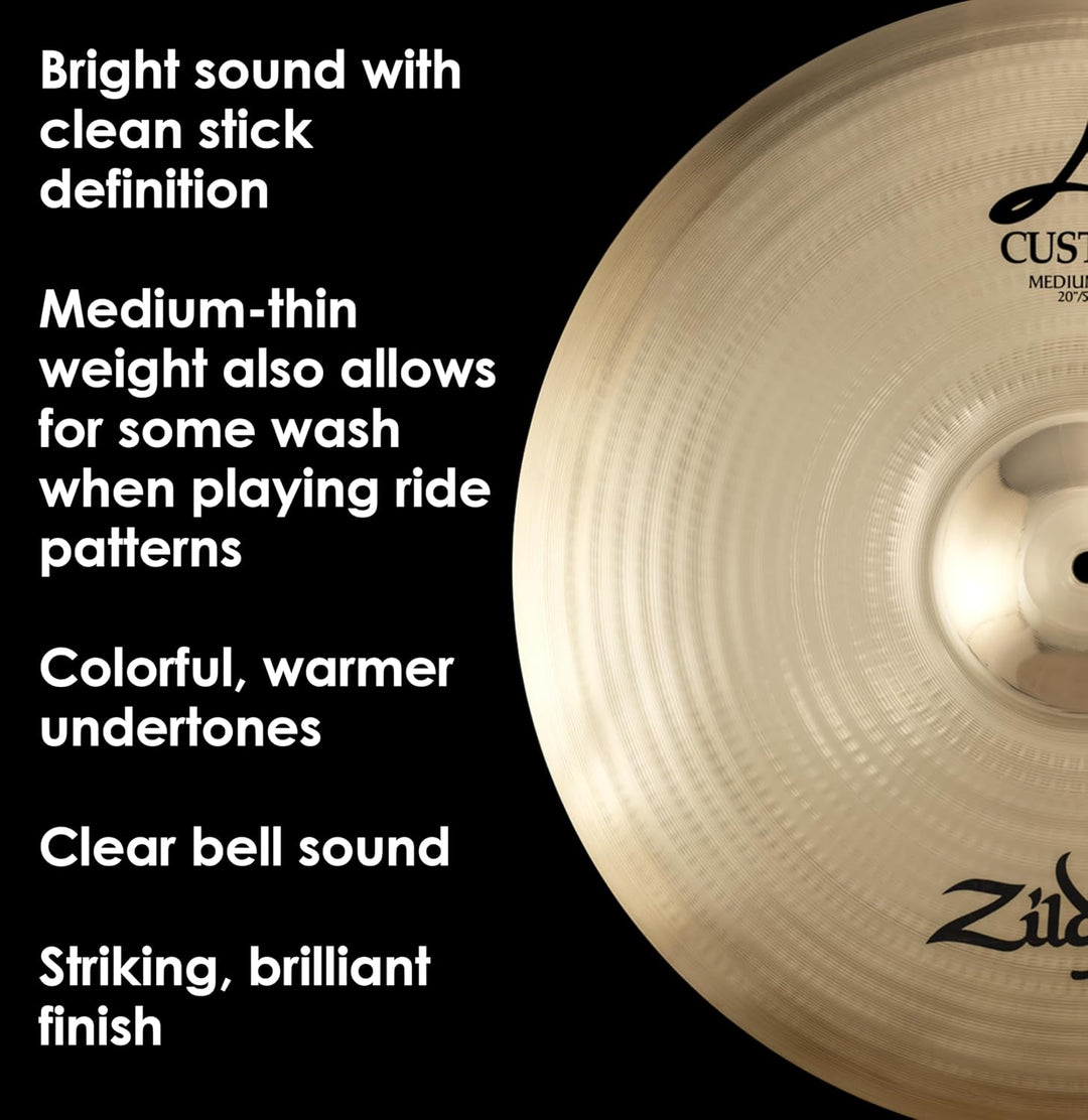 Zildjian A Custom Series - 20" Medium Ride Cymbal - Brilliant Finish 20 Zoll Medium Ride, 20 Zoll Me