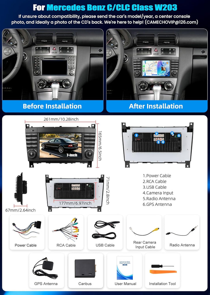 CAMECHO 8-Kern 4+64G Android 15 Carplay Autoradio für Mercedes Benz C-Klasse/CLS W203, DSP Carplay m