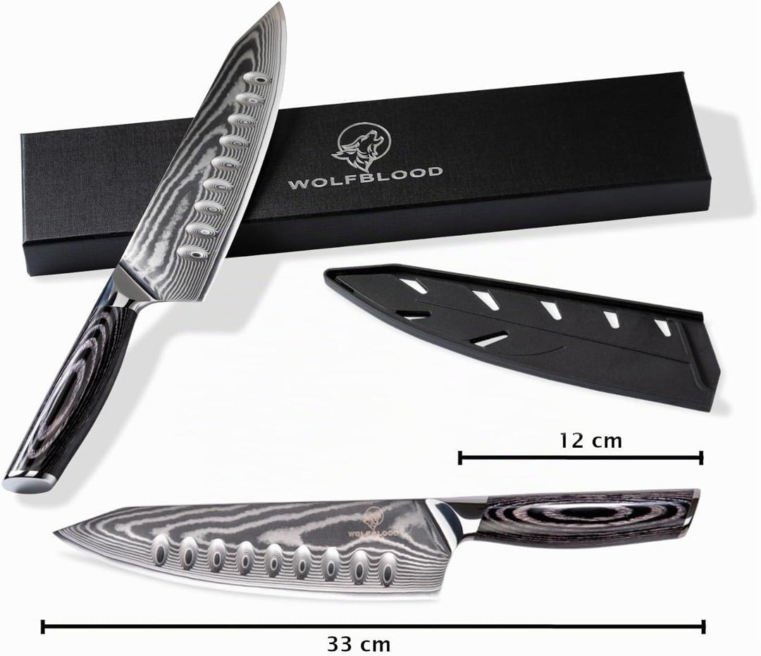 Wolfblood PRO Damastmesser Damast Küchenmesser XL(33cm) TÜV geprüfter 62 HRC Damaststahl aus 67 Lage