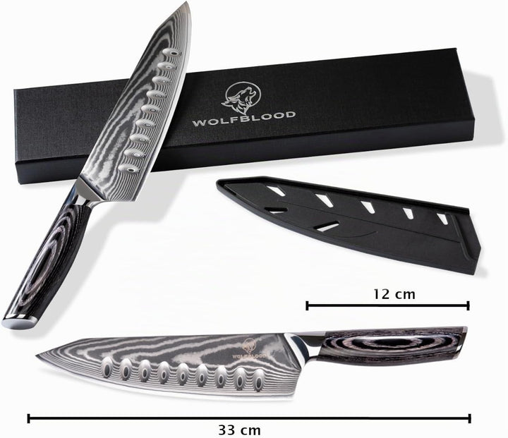 Wolfblood PRO Damastmesser Damast Küchenmesser XL(33cm) TÜV geprüfter 62 HRC Damaststahl aus 67 Lage