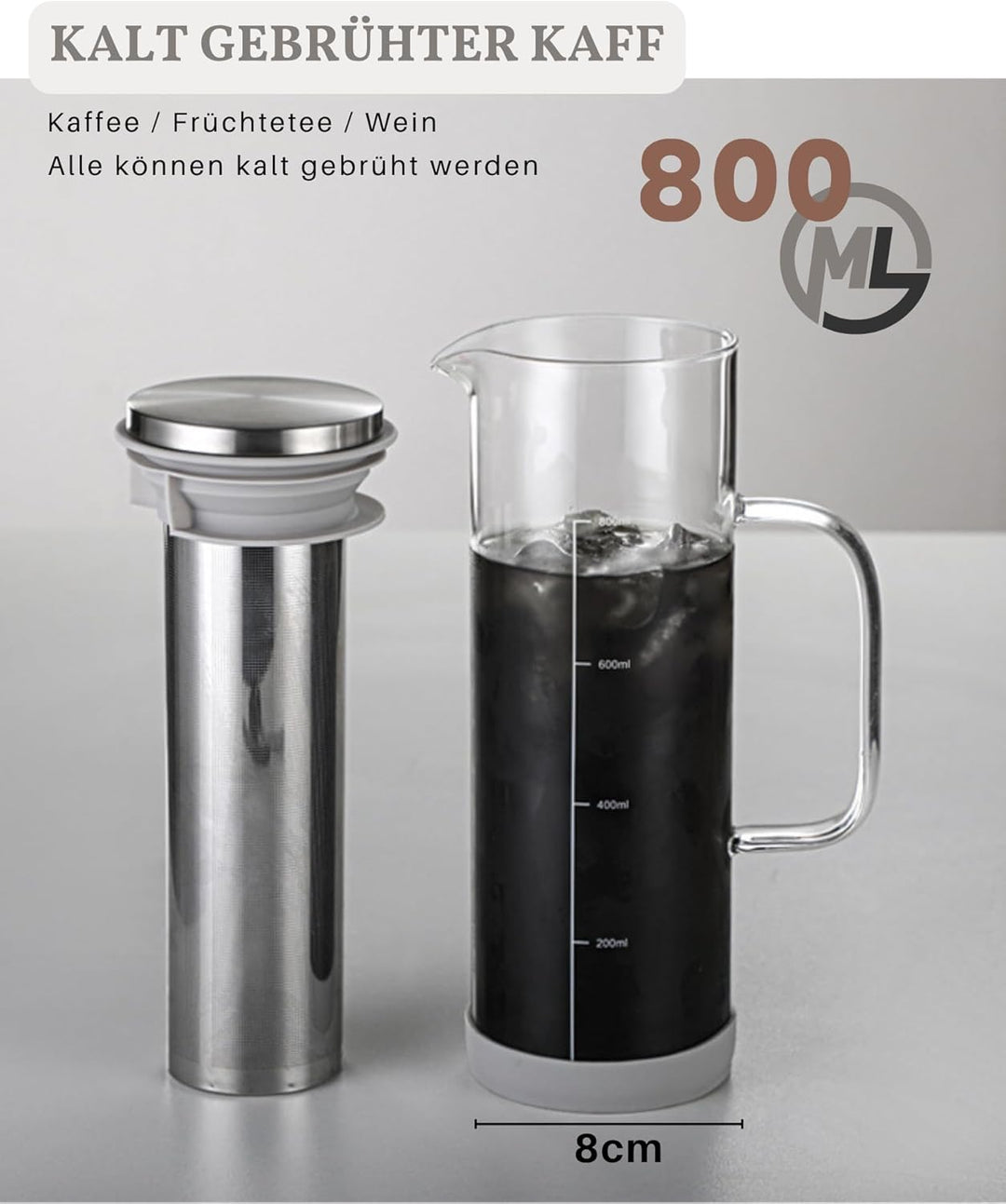JanYoo Cold Brew Kaffeebereiter 800ml,Glas-Teekanne mit 304 Edelstahlfilter, Brühglas Karaffe Teetas