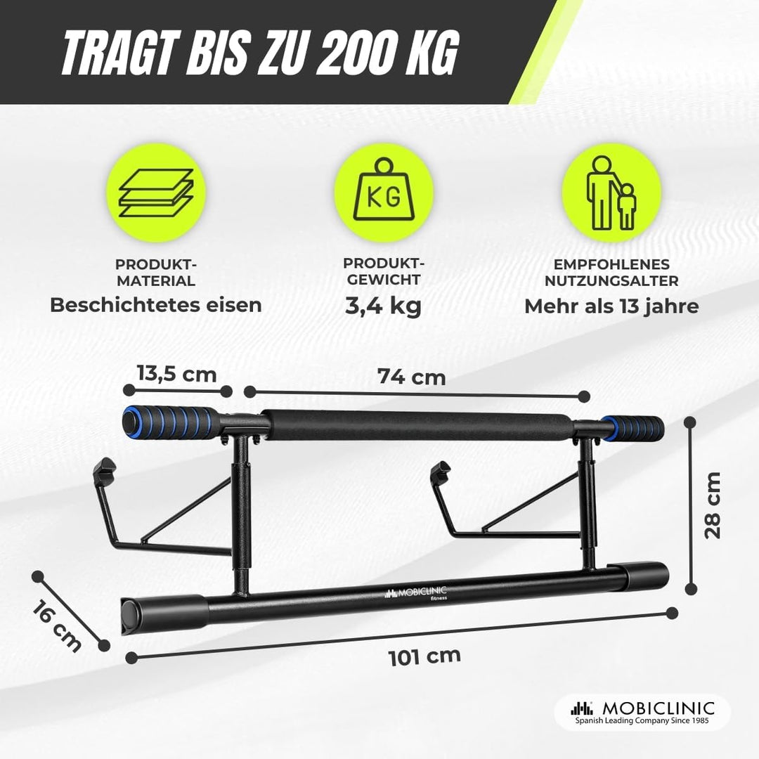 Mobiclinic® fitness, Klimmzugstange türrahmen, Werkzeuglos, K5, Max. 200 kg, Mit elastischen, Rutsch