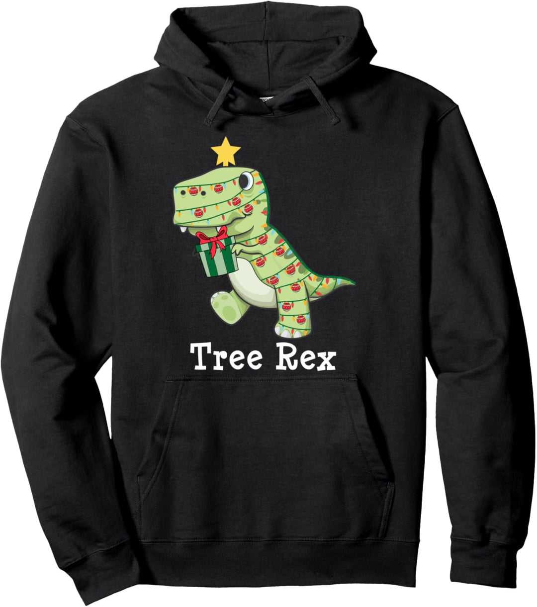Tree Rex Xmas Dinosaur Wrapped Gift Christmas Tree Lights Pullover Hoodie
