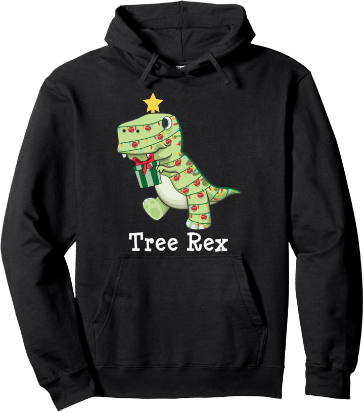 Tree Rex Xmas Dinosaur Wrapped Gift Christmas Tree Lights Pullover Hoodie