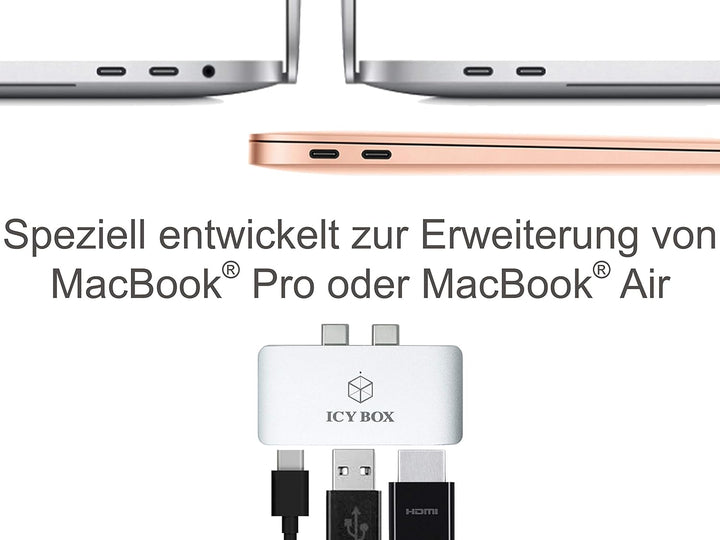 Icy Box Thunderbolt 3 Dock passend für MacBook Pro und MacBook Air, HDMI 4K 30Hz, USB 3.0, Aluminium