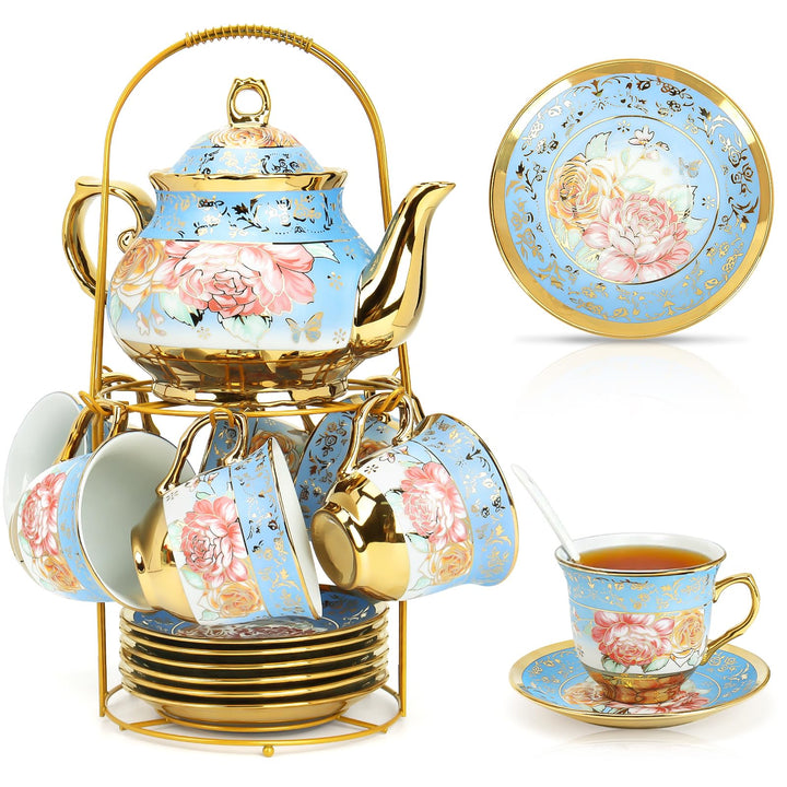 20 Stück Teeservice Porzellan Teeset mit Metallhalter, 700ml Teekanne Keramik Teeset, Blumendesign G