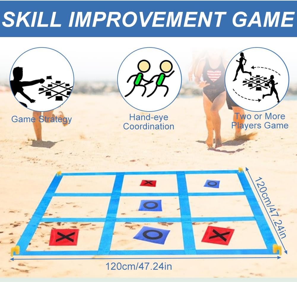Riesiges Tic Tac Toe, 1,2m x 1,2m Outdoor Spielset Wurfspiel mit 10 Cornhole Säckchen Erwachsene & K