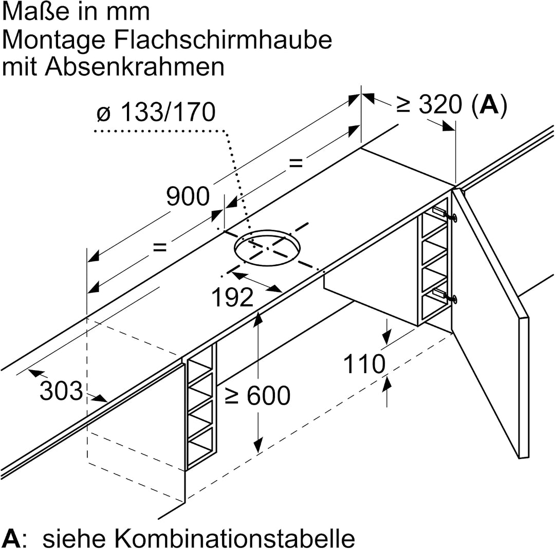 Siemens Absenkrahmen 830 mm LZ49601 | Kombinierbar, Der Absenkrahmen lässt die Flachschirmhaube komp