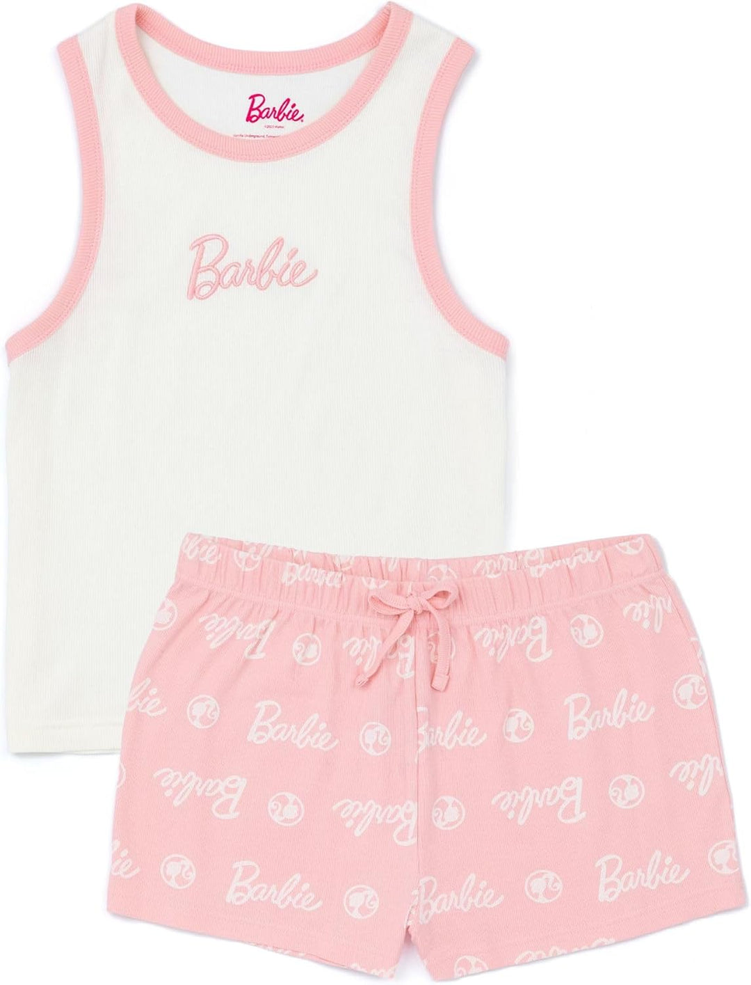 Barbie Damen Kurzer Pyjama | Damen Puppenlogo gerippte weisse Weste mit rosa elastischen Shorts Klei