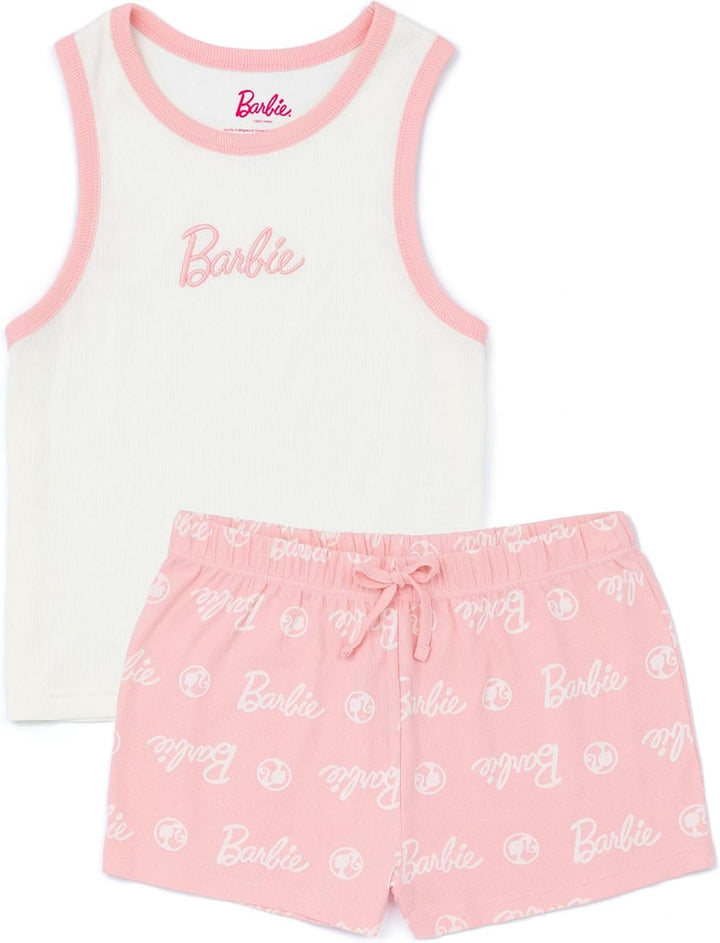 Barbie Damen Kurzer Pyjama | Damen Puppenlogo gerippte weisse Weste mit rosa elastischen Shorts Klei