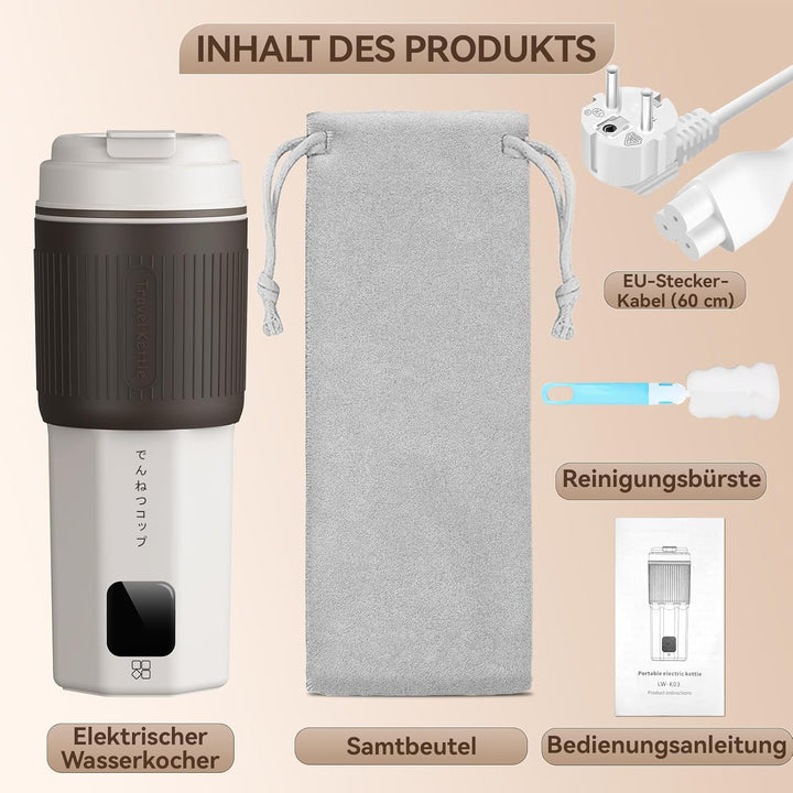 QianShouYan Reisewasserkocher Klein 450ml 300W mit 6 Stufen Temperaturregelung Mini Reise Wasserkoch