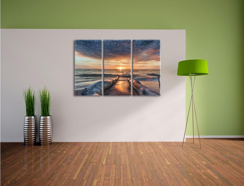 Pixxprint Strand als Leinwandbild | Grösse: 3 Teilig (120x80) | Wandbild| Kunstdruck | fertig bespan