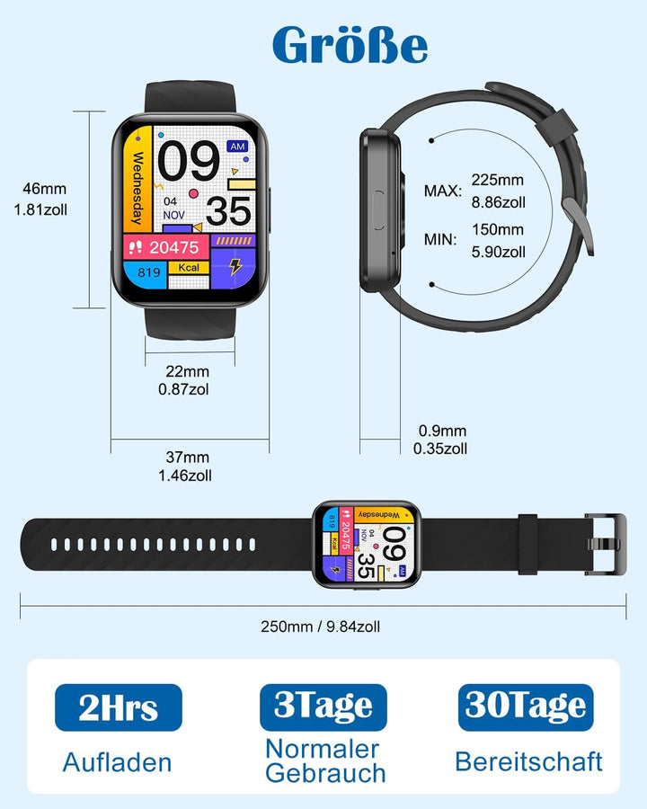 RUIMEN Smartwatch Damen Herren mit Telefonfunktion Fitnessuhr Schrittzähler Uhr mit Pulsmesser SpO2