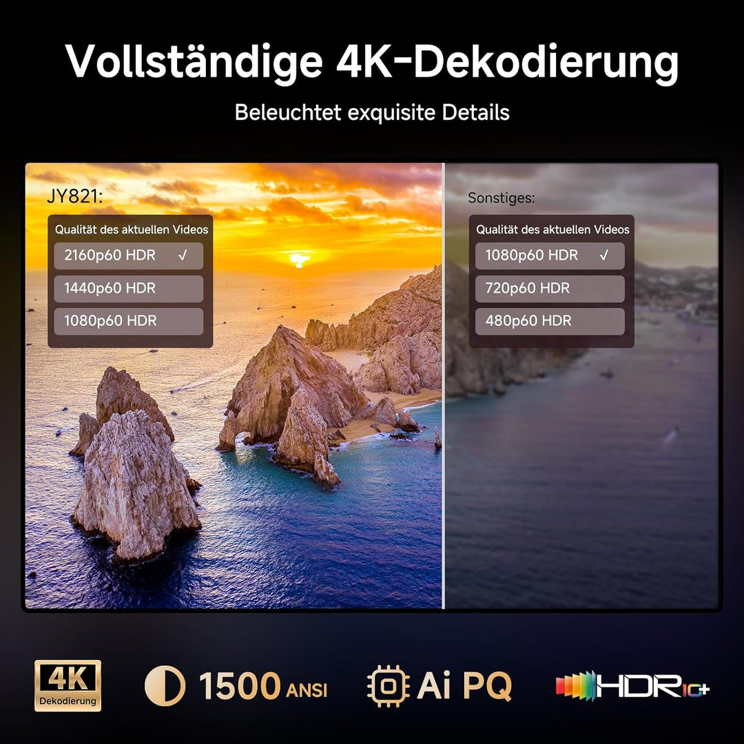 4K Beamer kompatibel mit Netflix & 36W Kino Sound | iSinbox Smart Beamer 1500 ANSI, HDR10+, Autofoku