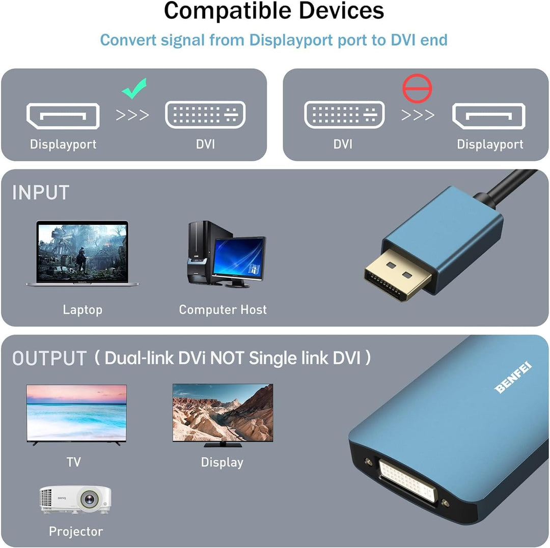 BENFEI DisplayPort auf DVI DVI-D Dual Link Adapter unterstützt 2K@60Hz, 1080P@60Hz 1 Blau, 1 Blau