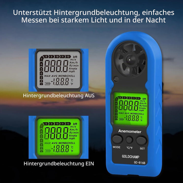 Windmesser Windmessgerät Hand, Mini Digital Windgeschwindigkeitsmesser, Misst Temperatur, Max/Durchs