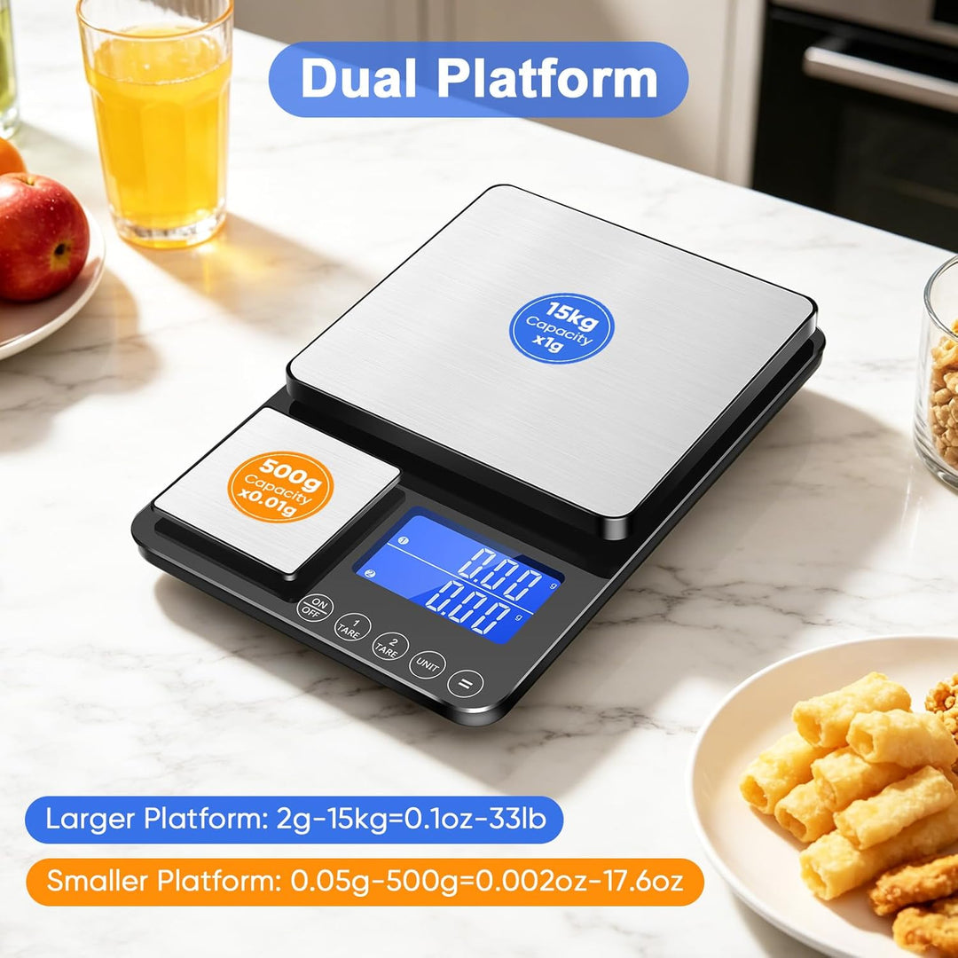 Digitale Küchenwaage mit Dualer Wiegefläche, 15kg/1g & 500g/0.01g Präzisionswaage, Tara & Summierung