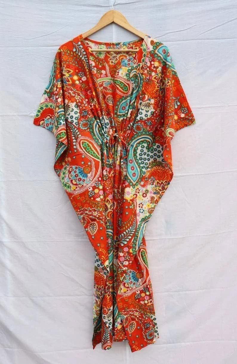 INDACORIFIE Damen-Kaftan mit Paisley-Print, 100% Baumwolle, Leichter Sommer-Kaftan, Strandkleid, lan