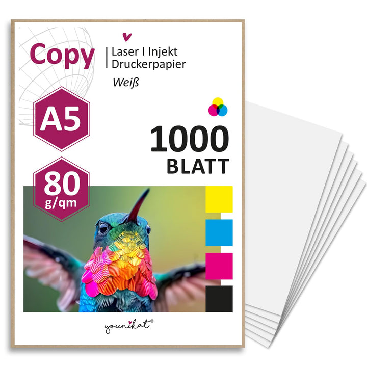 younikat 1000 Blatt blanko 80 g/m² Papier in weiss I Kopierpapier I Rezeptpapier I DIN A5 I dv_1419,