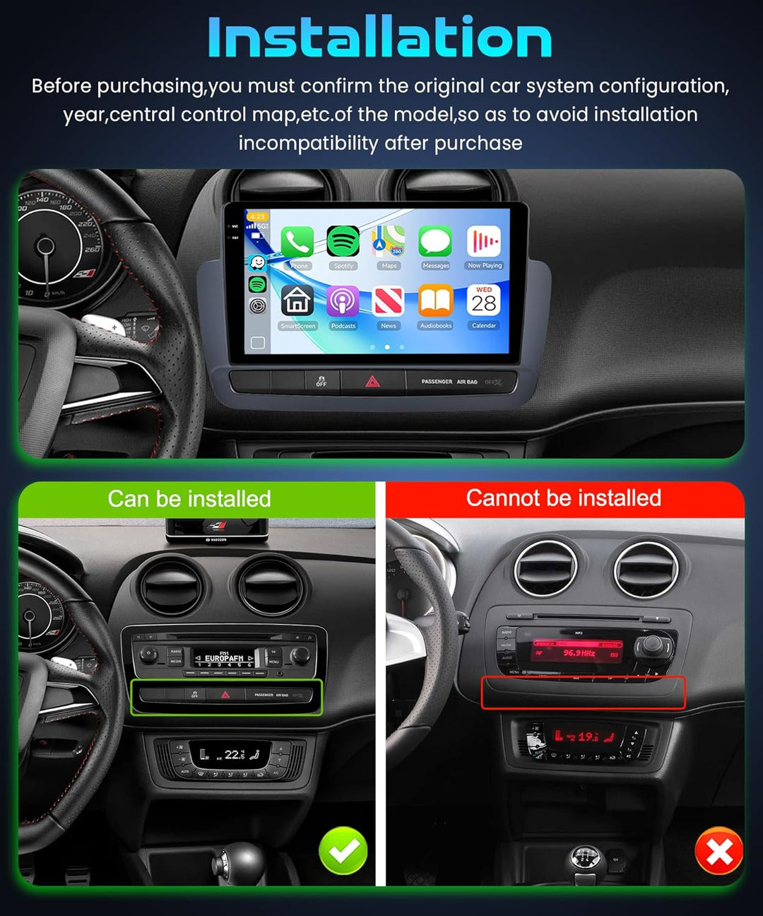 Rimoody 4G+128G Android Autoradio für Seat Ibiza 6j 2012-2015 9 Zoll IN-Cell Wireless Carplay Autora