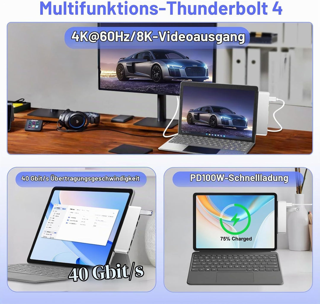 Surface Pro 12 Zubehör Dockingstation, USB-Hub und Adapter mit 4K HDMI, USB-C Thunderbolt 4 (Display