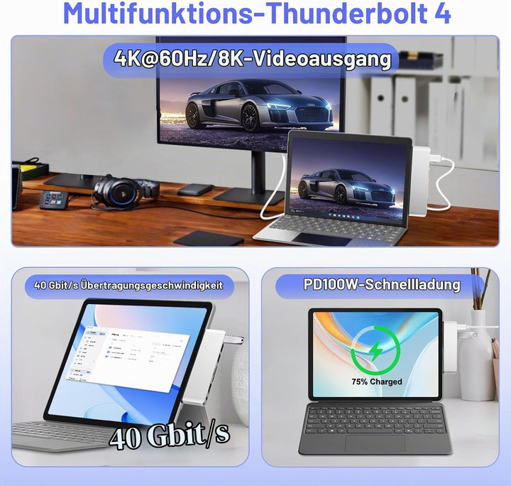Surface Pro 12 Zubehör Dockingstation, USB-Hub und Adapter mit 4K HDMI, USB-C Thunderbolt 4 (Display