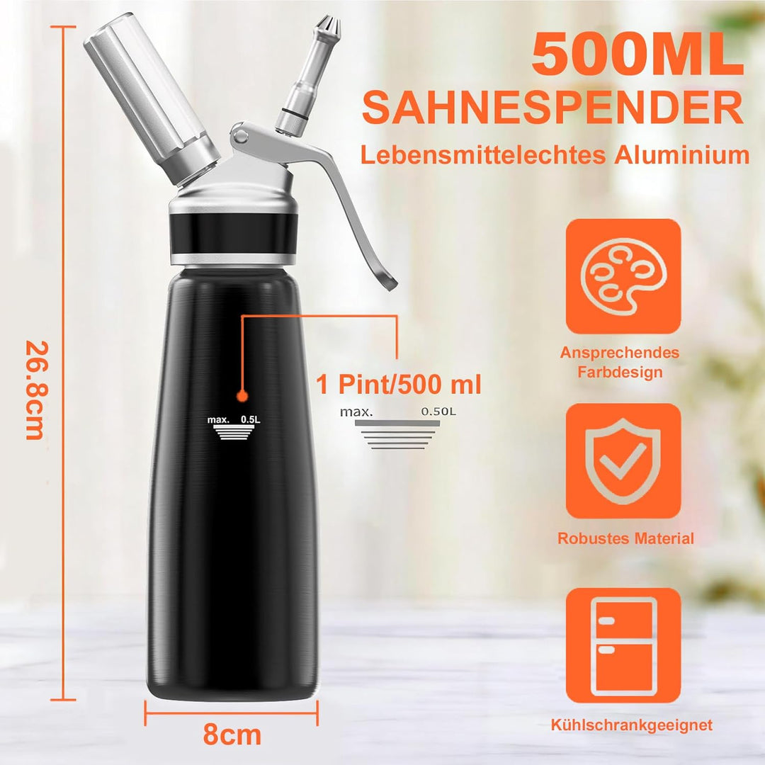 Sahnespender 500 ml, Professioneller Aluminium Sahnesiphon, mit 3 Edelstahl Deko-Düsen 3 Kunststoffd