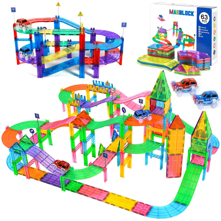 63Pcs Magnetisches Baustein Spielzeug für Bahnrennen, Magnetisches Bauspielzeug mit LED Rennwagen, M