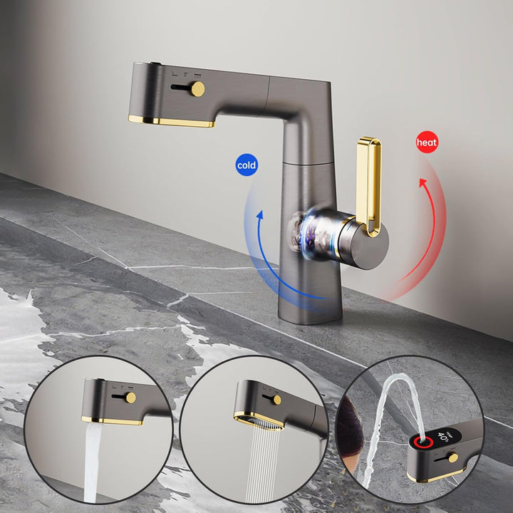 QREZAA Wasserhahn Bad Gun Gray Waschtischarmatur Mit 3 Strahlarten Armatur Waschbecken Mit Ausziehba