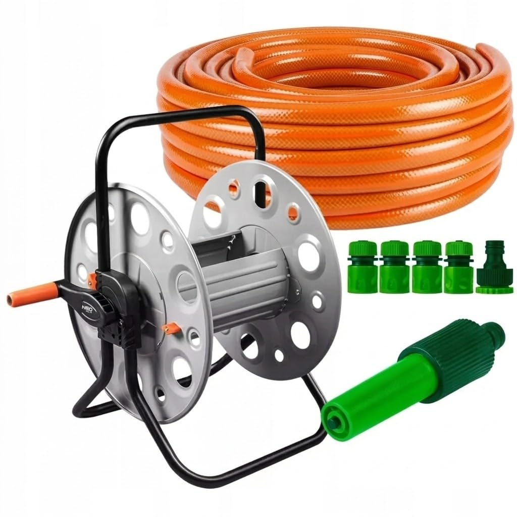 NEO TOOLS Gartenschlauch Set 20m 1/2" 4-lagig (24 bar), Metall-Schlauchständer, Spritzdüse verstellb