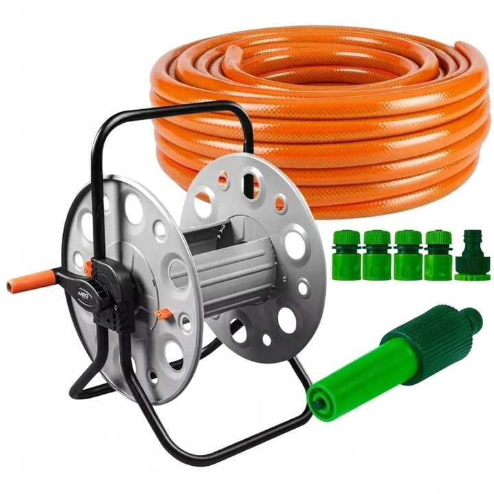 NEO TOOLS Gartenschlauch Set 20m 1/2" 4-lagig (24 bar), Metall-Schlauchständer, Spritzdüse verstellb