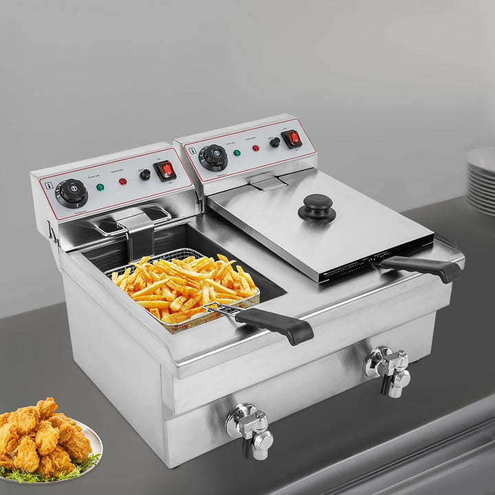 Öl-Fritteuse Gewerbliche Frittiermaschine Kommerzielle Doppelfritteuse 20L Edelstahl 6000W Fritöse T